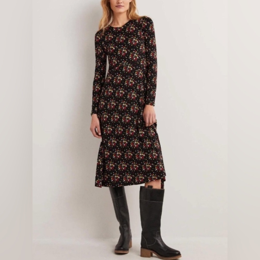 NEW Boden Crew Neck Jersey Midi Dress in Black, Dotty Sprig, 8L